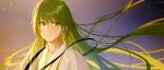 androgynous chain enkidu_(fate) fate/strange_fake fate_(series) glowing glowing_clothes glowing_eyes green_hair hair_between_eyes highres long_hair looking_at_viewer male_focus robe shirt smile solo upper_body very_long_hair white_robe white_shirt yellow_eyes 