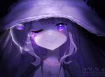  1girl :&gt; black_background cosplay elden_ring grey_hair hat highres hololive hololive_english koseki_bijou long_hair ma_draws one_eye_closed ranni_the_witch ranni_the_witch_(cosplay) smile violet_eyes virtual_youtuber witch_hat 