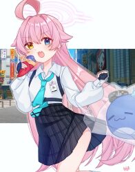  1girl :3 :d abydos_high_school_logo ahoge bag black_gloves black_skirt blue_archive blue_eyes blue_necktie blush clenched_hand collared_shirt commentary cowboy_shot crepe day fang fingerless_gloves food game_screenshot_inset gloves halo hands_up happy heterochromia highres holding holding_crepe holding_food hoshino_(blue_archive) huge_ahoge long_hair long_sleeves looking_at_viewer necktie open_mouth outdoors pink_hair pink_halo plaid_clothes plaid_skirt pleated_skirt puffy_long_sleeves puffy_sleeves school_uniform shirt shopping_bag signature simple_background skin_fang skirt smile solo straight_hair stuffed_whale v-shaped_eyebrows very_long_hair white_background white_shirt yellow_eyes yuuoxouma 