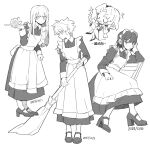  4girls apron broom closed_eyes dated greyscale hand_up highres holding holding_broom long_hair long_sleeves looking_at_viewer maid maid_apron minamip monochrome multiple_girls original short_hair sitting standing 