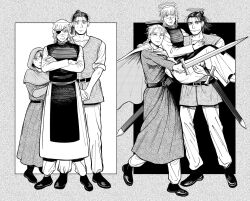  1girl 2boys age_progression badeni black_background black_hair black_shoes blonde_hair border braid cape capelet carrying chi.:_chikyuu_no_undou_ni_tsuite crossed_arms eyepatch full_body grey_border greyscale hair_bun halo hiding hiding_behind_another highres holding holding_sword holding_weapon hood hood_up hooded_capelet irachi_hurachi jolenta long_hair monk monochrome multiple_boys oczy panties princess_carry scar scar_on_face scar_on_mouth scar_on_nose shaved_head shoes sweatdrop sword tonsure tunic underwear v_arms weapon white_background white_panties 