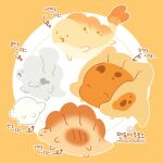 arrow_(symbol) closed_eyes closed_mouth commentary_request dumpling food food-themed_creature furrysum korean_commentary korean_text no_humans open_mouth orange_background original simple_background translation_request 