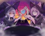  2girls animal_ear_fluff animal_ears blunt_bangs cauldron choker commentary english_commentary flask grey_hair hakui_koyori hat holding holding_test_tube hololive long_hair moral_cacoethes multiple_girls murasaki_shion pink_hair smile test_tube violet_eyes virtual_youtuber witch_hat wolf_ears wolf_girl yellow_eyes 