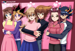 3boys 3girls arms_behind_back blonde_hair blue_eyes blush brown_eyes brown_hair couple cute fudo_yusei happy heart hetero hug hug_from_behind izayoi_aki mazaki_anzu multicolored_hair mutou_yuugi orange_eyes pink_background pink_sweater red_hair spiky_hair tenjouin_asuka violet_eyes yellow_eyes yu-gi-oh! yuu-gi-ou yuu-gi-ou_5d's yuu-gi-ou_duel_monsters yuu-gi-ou_gx yuuki_juudai