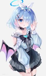  1girl absurdres alternate_costume belt_collar black_bow black_skirt black_thighhighs blue_archive blue_eyes blue_gemstone blue_hair blue_shirt bow braid center_frills clothing_cutout collar frills gem grey_background guzangnanfeng hair_over_one_eye halo hand_up highres layered_skirt long_sleeves looking_at_viewer parted_lips plana_(blue_archive) shirt short_hair shoulder_cutout simple_background skirt solo standing thigh-highs wings 