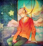  1boy angel_wings artist_name asymmetrical_hair black_headphones blue_pants blue_sky cable closed_mouth clouds collarbone commentary commission crescent_moon crescent_print denim english_commentary feathered_wings feet_out_of_frame holding holding_wand hoshi-pan indoors jacket jeans light_blush long_sleeves male_focus moon orange_jacket original pants red_eyes shirt sky smile solo sparkle star_(symbol) wand white_hair white_shirt white_wings window wings zipper zipper_pull_tab 