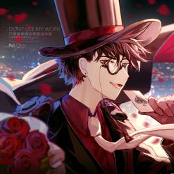  1boy :d ace_(playing_card) ace_of_spades alternate_color avatra black_cape black_hair black_hat black_jacket blazer bouquet cape card closed_mouth collared_shirt hat hat_ribbon highres holding holding_card jacket kaitou_kid long_sleeves looking_at_viewer magic_kaito male_focus meitantei_conan monocle necktie open_mouth petals playing_card red_eyes red_ribbon red_shirt ribbon shirt short_hair smile solo spade_(shape) top_hat upper_body watermark white_necktie 