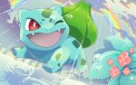  animal_focus bright_pupils bulbasaur bush claws clouds fang flower fujituki no_humans nostrils one_eye_closed open_mouth outdoors pink_flower pokemon pokemon_(creature) puddle rain rainbow red_eyes ripples running solo water_drop white_pupils 