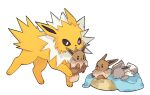  :&lt; :d alternate_color angry black_eyes blanket bright_pupils brown_eyes carrying closed_eyes closed_mouth commentary eevee english_commentary frown jolteon looking_at_another mjoyart mouth_hold no_humans open_mouth pet_bed pokemon pokemon_(creature) shiny_pokemon simple_background sleeping smile v-shaped_eyebrows walking white_background white_pupils 