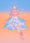  1girl bare_legs blue_background blue_hair blush closed_eyes cloud_clothes dress gradient_background gradient_hair highres invisible_chair medium_hair meyoco multicolored_hair no_nose orange_background original pink_footwear pink_hair shoes sitting solo white_dress 