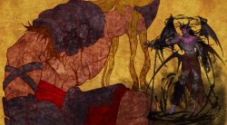  2boys abs arm_armor armor barefoot black_armor black_horns black_wings blonde_hair chain chained character_request colored_skin commentary dark-skinned_male dark_skin demon_wings dungeon_and_fighter earrings english_commentary fingernails forehead_protector full_body grey_skin highres horns jewelry long_hair looking_to_the_side multiple_boys multiple_scars muscular muscular_male parted_lips pectorals pointy_ears reaching red_eyes red_skin scar sharp_fingernails sharp_toenails shoulder_armor smile teeth toenails toned toned_male topless_male upper_body ven0305 violet_eyes wings yellow_background 