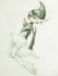  a26g8 colored_skin gallade green_hair green_skin hair_over_one_eye highres multicolored_skin pokemon pokemon_(creature) red_eyes serious simple_background traditional_media two-tone_skin white_background white_skin 