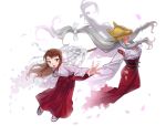  brown_hair digimon digimon_(creature) fox_mask grey_eyes grey_hair highres japanese_clothes long_hair makino_ruki mask miko open_mouth red_skirt roseepdl2 sakuyamon sakuyamon_miko_mode shirt simple_background skirt very_long_hair white_background white_shirt 