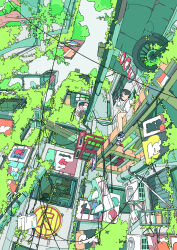  1girl akabane_1999 architecture black_hair broken broken_down building city commentary_request complex_exterior condenser_unit cup curtains day foliage from_below full_body green_theme highres holding industrial_pipe moss motor_vehicle original outdoors overgrown plant potted_plant power_lines railing scenery scooter shirt shoes short_hair short_sleeves sign sitting sky smile sneakers socks solo steam traffic_light white_shirt wide_shot window 