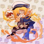  1boy artist_name bandage_over_one_eye bandages bird black_footwear closed_eyes coat gun hat holding holding_gun holding_weapon james_(vocaloid) kianamosser oliver_(vocaloid) patterned_background sailor_collar sailor_hat shoes smile splatoon_(series) splattershot_jr_(splatoon) teeth vocaloid weapon 