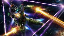  absurdres aiming aiming_at_viewer artist_request assault_visor battle beam_cannon beam_rifle blue_visor company_name copyright_notice debris energy_barrier energy_beam energy_field energy_gun energy_shield explosion fin_funnels funnels_(gundam) gundam gundam_battle_operation_2 gundam_u.c._engage highres holding holding_weapon jegan machinery mecha mecha_focus mobile_suit pyramid_(structure) realistic robot roswell_jegan science_fiction solo space star_(sky) sunrise_(company) thrusters weapon zero_gravity 