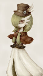  a26g8 bob_cut colored_skin dress gardevoir green_hair green_skin hair_over_one_eye hat highres multicolored_skin pink_eyes pokemon pokemon_(creature) smile two-tone_skin white_dress white_skin 