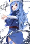  1girl :d absurdres belt blue_eyes blue_hair blue_headwear blue_jacket blush brown_belt capelet cowboy_shot fairy_tail from_side fur-trimmed_capelet fur_trim heart highres it_ai jacket juvia_lockser leg_tattoo long_hair long_sleeves open_mouth smile solo tattoo white_background 