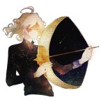  1boy ahoge arrow_(projectile) black_sweater bow_(weapon) chin closed_eyes closed_mouth commentary constellation_print crescent drawing_bow english_commentary frown holding holding_bow_(weapon) holding_weapon hoshi-pan light_blush male_focus night night_sky original shooting_star short_hair sky solo star_(sky) star_(symbol) sweater transparent_background turtleneck turtleneck_sweater upper_body wavy_hair weapon white_hair 