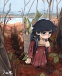  1girl absurdres basket black_eyes black_hair day dress fish highres lake lalah_7th long_hair original outdoors red_dress solo tree water 