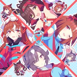  4girls alternate_costume animal_ears believe_(umamusume) breasts chibi commentary_request cosplay costume_switch detached_sleeves emblem hair_between_eyes hair_ornament highres horse_ears horse_girl looking_at_viewer multiple_girls no_reason_(umamusume) one_eye_closed portrait red_eyes ryuu_(ryuraconis) small_breasts smile still_in_love_(umamusume) transcend_(umamusume) umamusume yellow_eyes 