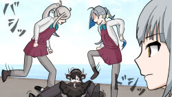  >_< abbacchio_joins_the_kicking_(meme) abyssal_ship ahoge asashimo_(kancolle) black_dress black_hair black_hat blue_ribbon dress grey_hair hair_over_one_eye hat horns kantai_collection kasumi_(kancolle) kicking kiyoshimo_(kancolle) lying meme multicolored_hair ocean on_back open_mouth pale_skin pantyhose purple_dress ra-class_destroyer ra-class_destroyer_alpha ribbon shirt two-tone_hair white_hair white_shirt 