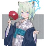  1girl absurdres animal_ears blue_archive blue_eyes commentary_request gradient_eyes grey_kimono halo hand_fan highres holding holding_fan japanese_clothes kimono light_green_hair looking_at_viewer low_twintails multicolored_eyes obi official_alternate_costume open_mouth paper_fan saekiya_sabou sash shigure_(blue_archive) shigure_(hot_spring)_(blue_archive) short_hair smile solo twintails twitter_username upper_body violet_eyes weasel_ears yagasuri 