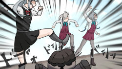  abbacchio_joins_the_kicking_(meme) abyssal_ship ahoge anodono asashimo_(kancolle) black_dress blue_ribbon dress dress_shirt emphasis_lines grey_hair grey_socks kantai_collection kasumi_(kancolle) kicking kiyoshimo_(kancolle) meme pantyhose pinafore_dress purple_dress ra-class_destroyer ra-class_destroyer_alpha ribbon shirt side_ponytail sleeveless sleeveless_dress socks white_hair white_shirt 