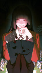  1boy 1girl black_hair bright_pupils can card closed_mouth collar fingernails gootai highres hime_cut holding holding_can jabami_yumeko kakegurui long_hair long_sleeves looking_at_viewer playing_card pov red_nails red_suit smile solo_focus suit upper_body white_collar white_pupils 