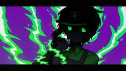  1boy appleheart04 apron black_apron black_visor buttons cashier_(gasa4) closed_mouth collared_shirt get_a_snack_at_4_am glowing glowing_eyes green_eyes green_shirt hands_up highres hydrangea_(vocaloid) letterboxed looking_at_viewer purple_background roblox shirt short_hair simple_background solo upper_body white_hair 