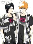  2boys black_hair black_shirt bleach brown_eyes copyright_name glasses grey_eyes highres ishida_uryuu konetaa kurosaki_ichigo looking_at_viewer male_focus multiple_boys shirt short_sleeves spiky_hair standing upper_body 