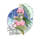  boots detached_sleeves digimon digimon_(creature) dress fairy flower green_footwear green_sleeves hair_vines holding holding_umbrella knee_boots leaf_wings lilimon looking_at_viewer monster_girl nail_polish open_mouth petals pink_dress plant_girl roseepdl2 signature umbrella watermark 