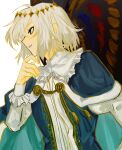  1boy ahoge blue_cape blue_eyes blue_vest butterfly_wings cape commentary_request crown fate/grand_order fate_(series) finger_to_own_chin frilled_sleeves frills fur-trimmed_cape fur_trim gold_trim grin half-closed_eyes highres juliet_sleeves long_sleeves looking_to_the_side male_focus medium_hair oberon_(fate) oberon_(first_ascension)_(fate) profile puffy_sleeves shirt simple_background smile solo syakegaumai upper_body vest white_background white_hair white_shirt wings 