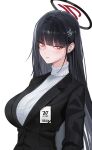  1girl absurdres black_hair black_suit blue_archive breasts highres large_breasts long_hair red_eyes rio_(blue_archive) suit viva_(user_avjd4752) 