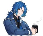  1boy ascot black_ascot black_shirt blue_coat blue_gemstone blue_hair chesed_(project_moon) closed_mouth coat collared_shirt cup gem holding holding_cup library_of_ruina long_sleeves looking_at_viewer low_ponytail male_focus medium_hair mug parted_lips project_moon ruiieru shirt simple_background solo white_background yellow_eyes 