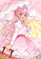  1girl :d absurdres arm_at_side basket belt blurry blurry_background blush breasts cherry_blossom_cookie cherry_blossoms commentary cookie_run cowboy_shot double_bun earrings english_commentary falling_petals flower_earrings frilled_skirt frilled_sleeves frills hair_bun hair_over_shoulder hand_up highres holding holding_basket holding_umbrella humanization jewelry juliet_sleeves layered_skirt long_hair long_sleeves looking_at_viewer looking_back miomawla open_mouth outdoors petals pink_belt pink_eyes pink_hair pink_skirt pink_umbrella puffy_sleeves raised_eyebrows round_teeth shirt skirt sky small_breasts smile solo teeth tongue umbrella very_long_hair wavy_hair white_shirt white_skirt white_sky 