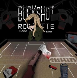  1girl alcohol beer blood buckshot_roulette cigarette clara_(girls_und_panzer) dealer_(buckshot_roulette) gun highres non-web_source parody pravda_school_uniform russia school_uniform shotgun television weapon 