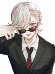  1boy ;p arm_up black_jacket closed_mouth collared_shirt commentary eyelashes genshin_impact grey_hair hair_over_one_eye highres jacket lapels long_sleeves looking_at_viewer looking_over_eyewear lyney_(genshin_impact) male_focus necktie one_eye_closed parted_bangs red_necktie senno_dayo shirt short_hair simple_background smile solo sunglasses swept_bangs tongue tongue_out upper_body violet_eyes white_background white_shirt wing_collar 
