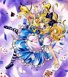  1girl alice_(alice_in_wonderland) alice_in_wonderland black_bow black_pantyhose blonde_hair blue_dress blue_eyes bow card dress highres kabaji long_hair pantyhose playing_card sidelocks solo traditional_media very_long_hair 