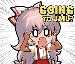  1girl bow chibi chinese_commentary commentary_request emphasis_lines english_text fujiwara_no_mokou hair_bow hands_up jokanhiyou long_hair lowres meme o_o open_mouth pants red_pants shirt solo suspenders touhou very_long_hair white_bow white_hair white_shirt 