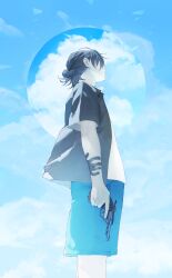  1boy ajiro_shinpei black_hair black_shirt blue_sky clouds day gun holding holding_gun holding_weapon male_focus mi8pq outdoors revolver shirt shorts sky solo standing summertime_render weapon 