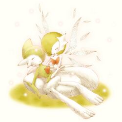  a26g8 bob_cut closed_eyes colored_skin dress gallade gardevoir grass green_hair green_skin hair_over_one_eye mega_gardevoir mega_pokemon multicolored_skin on_grass pokemon pokemon_(creature) sitting two-tone_skin white_dress white_skin 