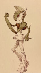  a26g8 arm_blade brown_background colored_skin from_side gallade green_hair green_skin highres multicolored_skin pokemon pokemon_(creature) red_eyes simple_background traditional_media two-tone_skin weapon white_skin 