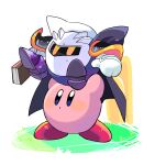1boy 1other armor blush_stickers book cape carrying carrying_overhead carrying_person commentary_request gloves highres holding holding_book kirby kirby_(series) ksni_tbn mask meta_knight no_humans pauldrons shoulder_armor solid_oval_eyes white_gloves yellow_eyes