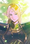  1girl armor blonde_hair commentary deedlit elf high_collar highres leaf long_hair looking_at_viewer nshi pointy_ears record_of_lodoss_war shoulder_pads solo sunlight tree upper_body 