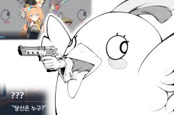  1girl 2others animal_costume animal_ear_fluff animal_ears black_dress black_hairband black_hat blue_archive blue_eyes blush cat_ears cat_girl closed_mouth desert_eagle dress gun hair_between_eyes hairband handgun hat highres holding holding_gun holding_weapon lightningace long_hair looking_at_viewer mari_(blue_archive) mari_(idol)_(blue_archive) multiple_others orange_hair peroro_(blue_archive) sidelocks weapon 