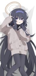  1girl absurdres black_hair black_pantyhose blue_archive blue_eyes blue_hairband brown_halo buttons hairband halo highres light_blush long_hair long_sidelocks low_twintails open_mouth pantyhose pocket sidelocks sleeves_past_wrists solo sweater turtleneck turtleneck_sweater twintails ui_(blue_archive) very_long_hair zizhucan 