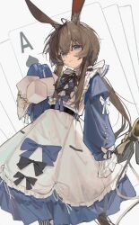  1girl ace_(playing_card) alternate_costume amiya_(arknights) animal_ears apron arknights belt black_ribbon blue_dress blue_eyes blue_ribbon brown_hair card chino_(user_zdyd2447) classic_lolita dress food frilled_apron frilled_dress frills hair_between_eyes hair_ribbon highres jewelry lolita_fashion long_hair long_sidelocks long_sleeves low_ponytail macaron multiple_rings playing_card ponytail puffy_sleeves rabbit_ears rabbit_girl ribbon ring serious sidelocks solo spade_(shape) striped_clothes striped_thighhighs sugar_cube thigh-highs vertical-striped_clothes vertical-striped_thighhighs white_apron 