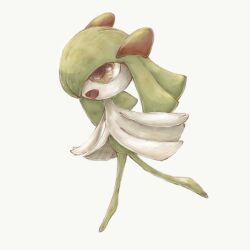  a26g8 colored_skin green_hair green_skin grey_background hair_over_one_eye highres horns kirlia multicolored_skin open_mouth pink_eyes pokemon pokemon_(creature) sidelocks simple_background two-tone_skin white_skin 