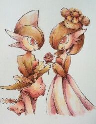  a26g8 bad_id bad_twitter_id bob_cut closed_eyes dress flower gallade gardevoir green_hair grey_background hair_over_one_eye hoppip on_head pink_eyes pokemon pokemon_(creature) pokemon_on_head simple_background skiploom smile white_dress 